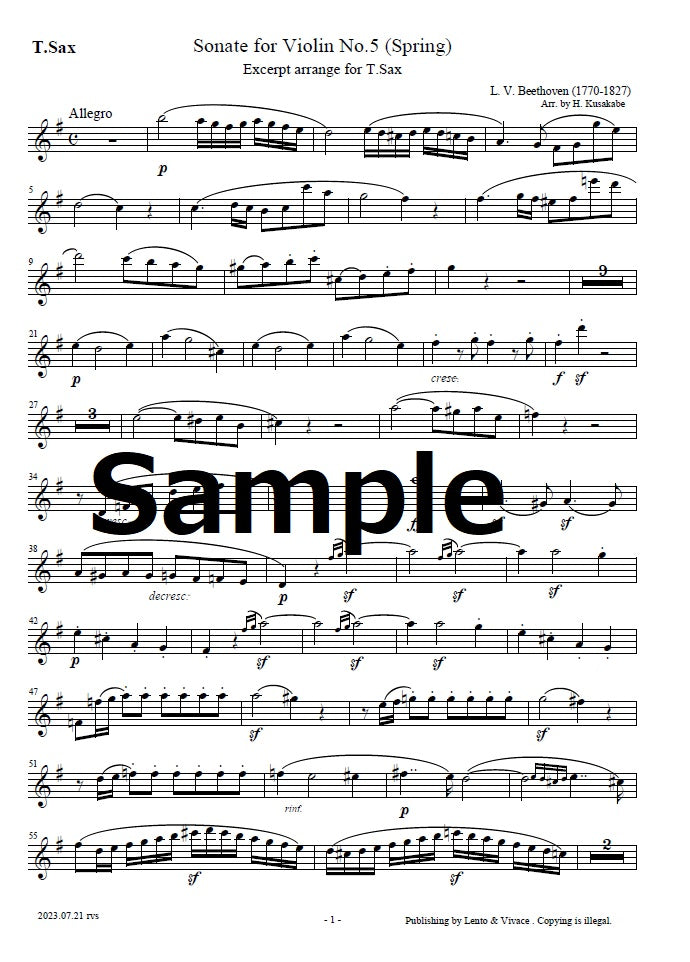 Beethoven „Violinsonate Nr. 5 (Frühling)“　Auszug arrangiert in Kurzfassung.