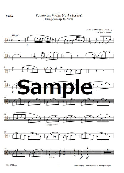 Beethoven „Violinsonate Nr. 5 (Frühling)“　Auszug arrangiert in Kurzfassung.