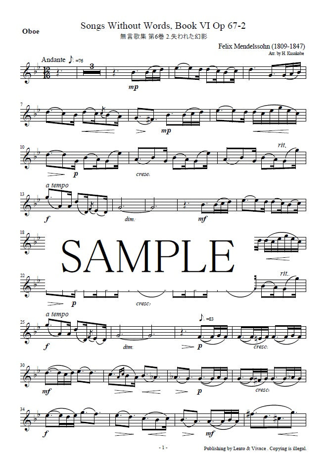 Mendelssohn "Songs Without Words Vol. 6 No. 2 Lost Illusion" Op.67-2